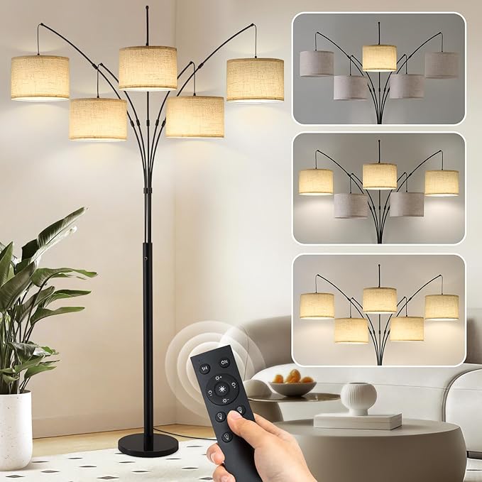 Bright Floor Lamp, Remote Control, Beige Shade Black Pole | Large Floor Lamp, 4000LM Independently Controlled 9W LED Energy-Saving Light Bulb, Memory Function, Adjustable Arm