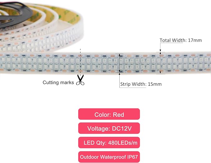 12V Red LED Strip Lights 16.4ft Double Row 2400LEDs Waterproof IP67 | SMD 2835 Super Bright Dimmable Flexible Tape Lights for Outdoor, Indoor, Bedroom, DIY, Truck, RV, and Boat Lighting