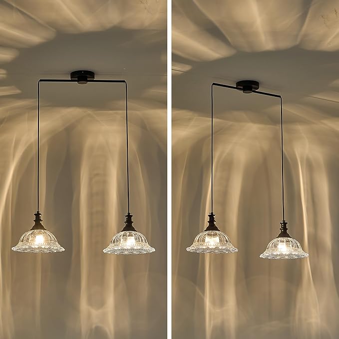 HDDFL 2 Light Pendant Light Fixtures Modern Glass Hanging Lights with Adjustable Cord for Kitchen Island Dining Room Living Room Hallway Black and Clear