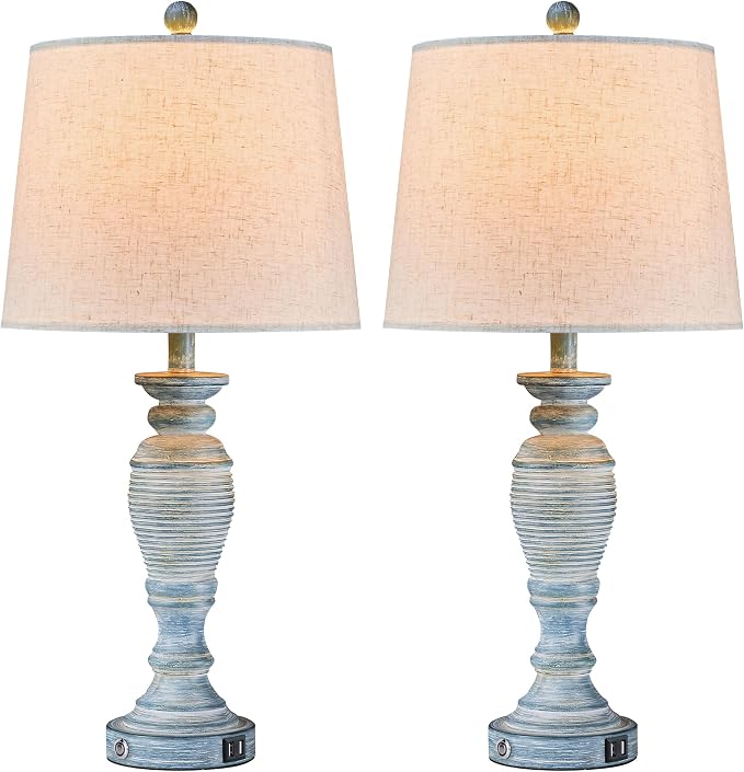 27.7” Farmhouse Table Lamps for Living Room, Blue&White, Set of 2 | Table Lamps for Bedroom, Nightstands, Office, Bedside, 3 Way Dimmable Touch Contorl, USB A+C Ports, Bulbs Included