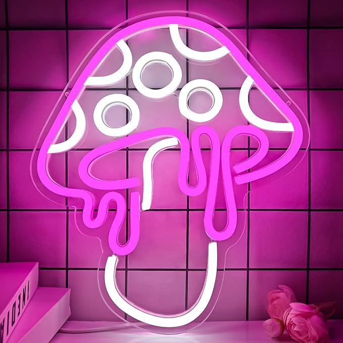 Mushroom Neon Sign Dimmable Led Neon Light Cute Neon Mushroom Sign Night Light 3d Wall Art Mushroom Neon Signs For Wall Decor Game Room Bedroom Decor Holiday Gift For Children Kids Girl (Pink)