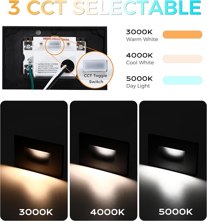 CLOUDY BAY Dimmable Upgraded 3 Color 120V LED Indoor Outdoor Step Light,3000K/4000K/5000K 3W 55lm,Stair Light,Metal Black,6 Pack