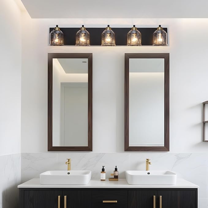 Vanity Lights for Bathroom Large 40", Farmhouse Rustic Vanity Light with Bubble Glass Shades, Black and Gold 5 Light Bathroom Lighting Fixtures Over Mirror, Bath Wall Sconce Home Decor