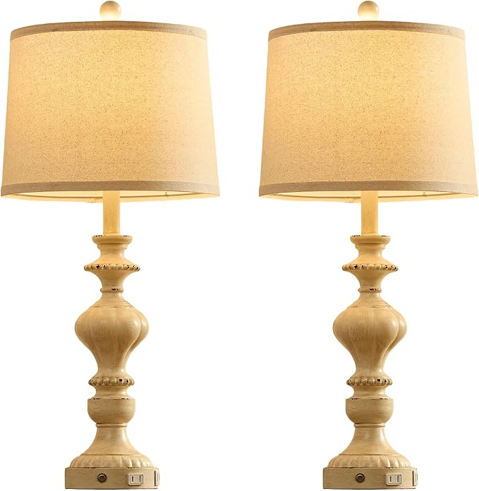 SAIWEYA 27.5" Farmhouse Table Lamps Set of 2, 3 Way Dimmable Touch Lamps | Touch Control, Dimmable, USB C+A Ports & AC Outlet, Bulbs Included, Bedside Nightstand Lamp for Living Room, Bedroom