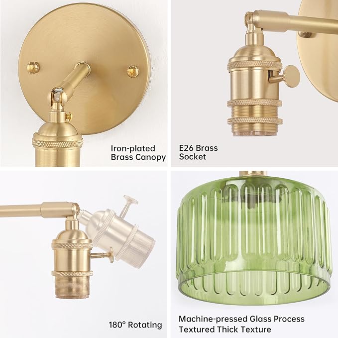 Shenmoyl Vintage Battery Operated Wall Sconce with Green Striped Glass Lampshade 5000 mAh Rechargeable Battery Powered Wall Light with Remote Control for Bedside Bedroom Doorway
