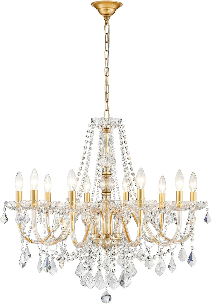 Large Crystal Chandelier, Modern Gold Crystal Chandeliers for Dining Room Light Fixture, 10-Lights Large Gold Pendant Light Fixtures Luxury Chandelier for Living Room Bedroom Foyer Entryway D26.8''