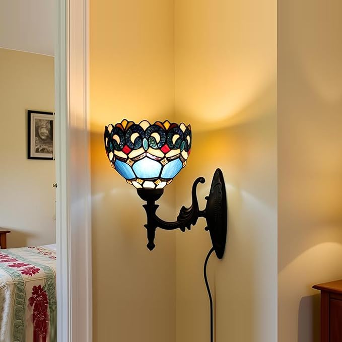 Tiffany Sconce Lamp Stained Glass Wall Lamp,8X10.5X11 Inch Plug in Wall Bedside Light for Hallway Bedroom (Blue Baroque)