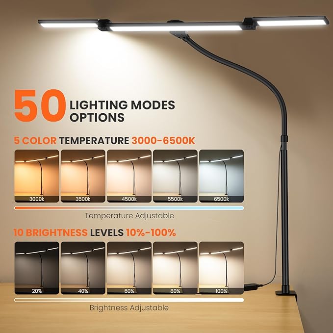 LED Desk Lamp for Office Home, 3 Head Adjustable Desk Light with Adapter | Computer Monitor light Bar Stepless Dimming, Eye Caring Architect Desk Lamp Table Lamp for Reading Study Workbench Black