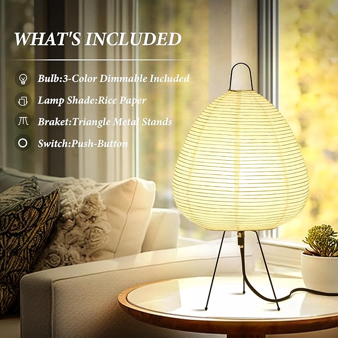 Noguchi Paper Lamp, Akari Floor Lamp, Japanese Lantern Ideal for Bedside, Living Room, and Japandi Décor (Noguchi Table Lamp)
