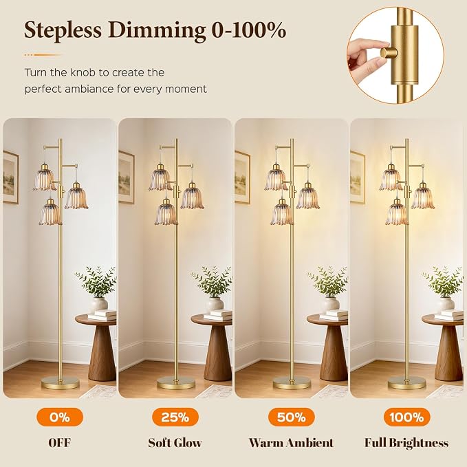 Dimmable Flower Floor Lamp, 3 x 900LM LED Bulbs Included, Modern | 70" Gold Tree Standing Lamp, 3 Lights Elegant Amber Glass Flower Shade, Vintage Floor Lamps for Living Room, Bedroom, Office