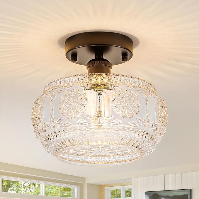 Semi Flush Mount Ceiling Light Fixture - Black Metal Base & Floral Glass Shade, Modern Vintage Lighting for Entryway, Bathroom, Kitchen, Bedroom (Bulb Not Included)
