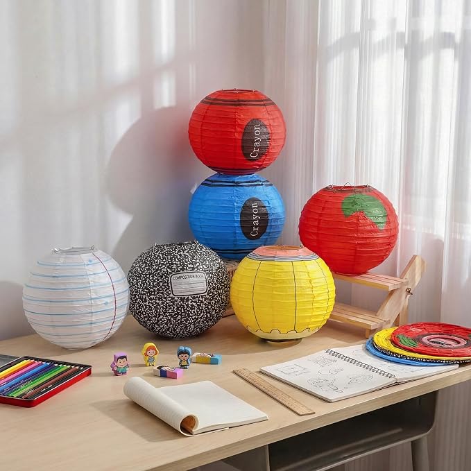 12 Pcs Back to School Classroom Paper Lanterns 10 Inch Classroom Hanging Decoration Composition Notebook Pencil Crayon Apple Lanterns Ceilings for First Day of School Party Supplies