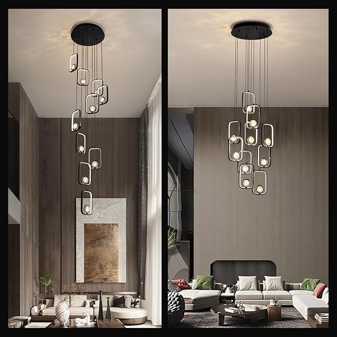 10-Light Modern LED Crystal Chandelier 10 Lights Black High Ceiling Chandelier for Staircase Large Adjustable Length Light Fixture for Foyer, Entryway, Living Room