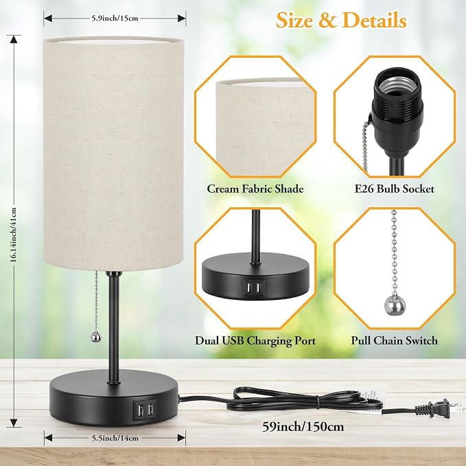 2 Sets Table Lamps with 2 USB, Minimalist Beside lamps for Bedroom, Nightstand Lamps with Pull Chain, Desk Lamps with Cream Fabric Shade and Black Metal Base for Living Room, Home Office Reading Hotel