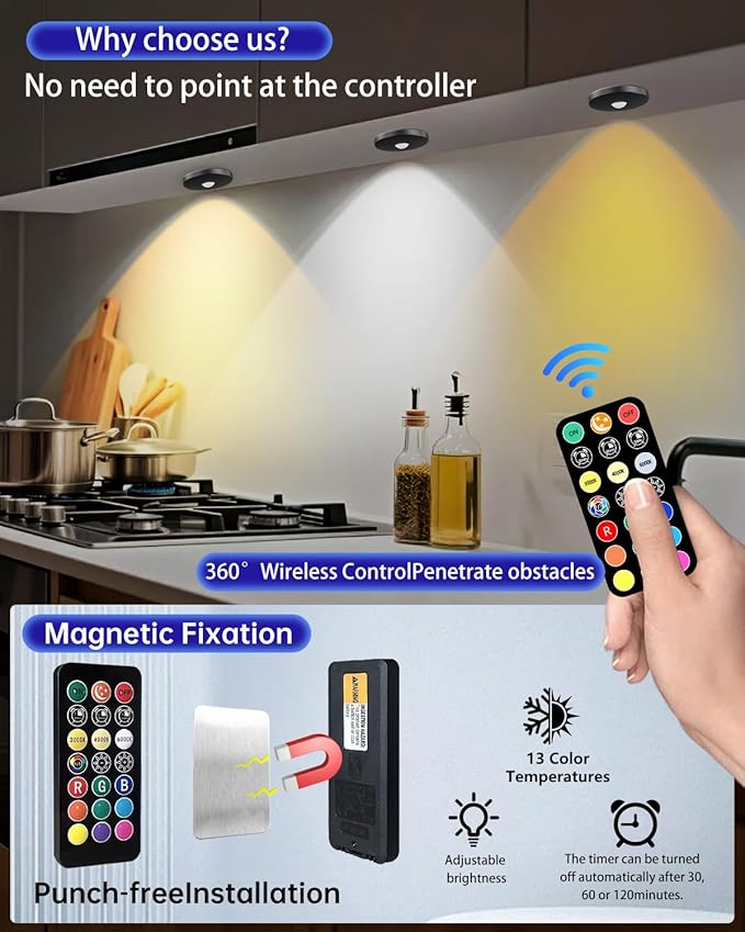 Puck Lights with Remote Control, 2000mAh Rechargeable Cabinet Light, Under Counter Tap Light Wireless, Display Cabinet, Shelf, Closet，Dimmable，Magnetic，Push Lights Battery Operated， (Black, 3 Pcs)