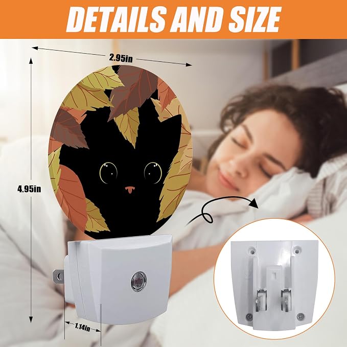 Maple Leaf Black Cat Night Light, Autumn Nightlight Plug into Wall LED Lamp Auto Sensor Dusk to Dawn for Bedrooms/Kitchens/Toilets/Corridors,Energy-Saving