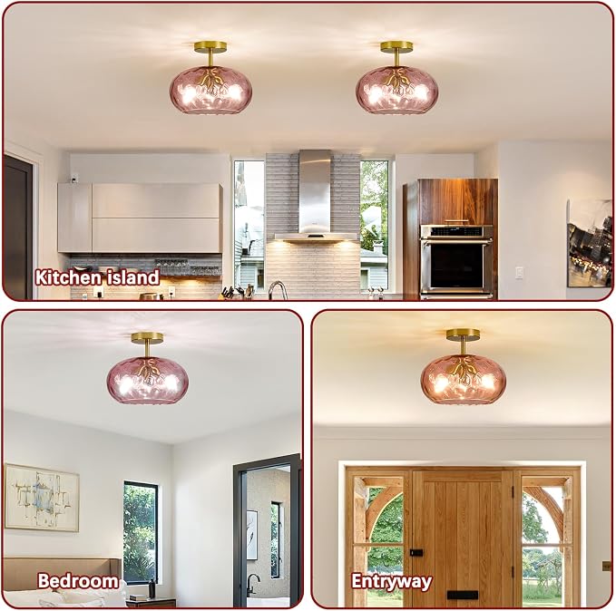 Vintage Semi Flush Mount Ceiling Light ,12″ Art Deco Red Hammered Glass | Gold,Mid Century,Whimsical,MCM,Unique Cute Retro Light Fixtures for Girls Bedroom,Entryway Laundry Room Kitchen Closet Foyer