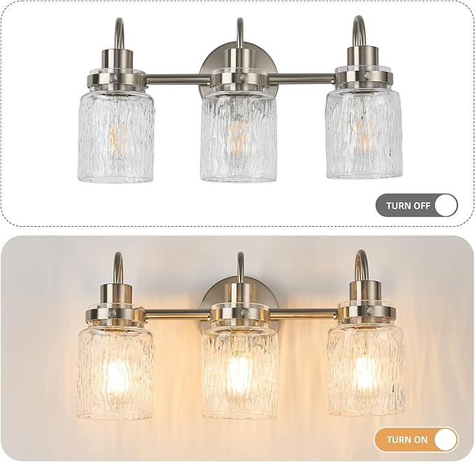 3 Lights Hammered Glass Bathroom Vanity Light,Brushed Nickel | Easy Installation,Up or Down,Farmhouse Modern Style,E26 Socket,ETL Certification