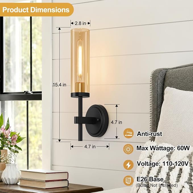 MOKATNG Hardwired Wall Sconces Set of Two, Black and Gold Bathroom Sconces with Amber Glass, Modern Wall Light Fixtures for Bathroom Mirror Vanity, Living Room, Hallway, Stairway, Cabinet, Foyer