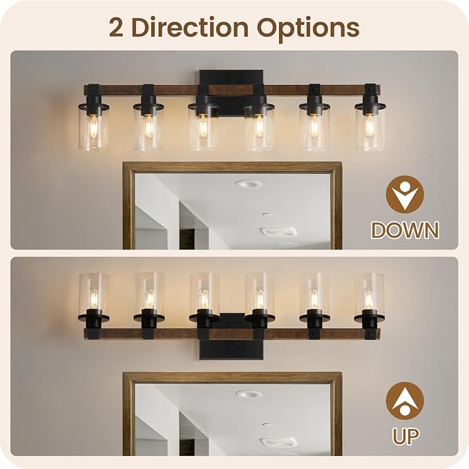 6-Light Bathroom Light Fixture, Vanity Lights for Bathroom with Glass Shade, Rustic Bathroom Light Fixtures, E26 Base F12BD05