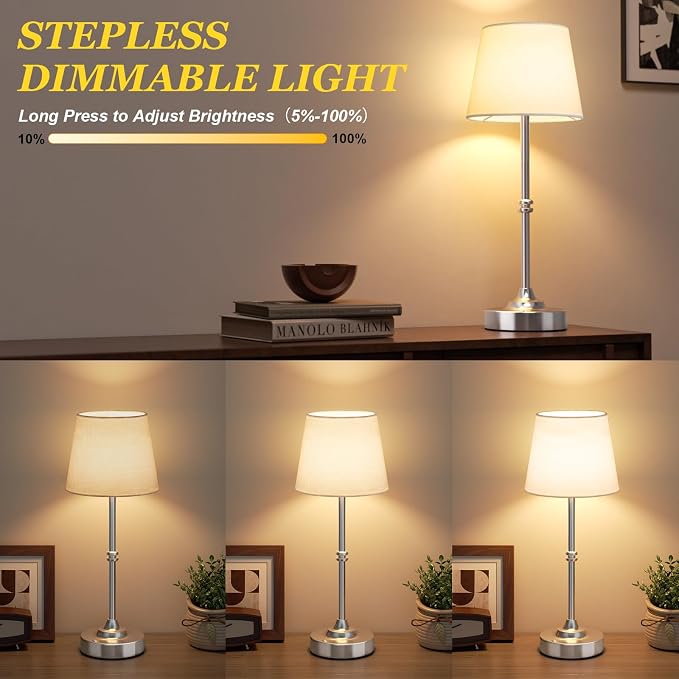 Kakanuo Rechargeable Cordless Table Lamp Silver - 2 Pack 4000mAh Battery Operated Lamp, 3000K Warm Light, Touch Control Stepless Dimming, for Bedside, Dining Table, Home Decor