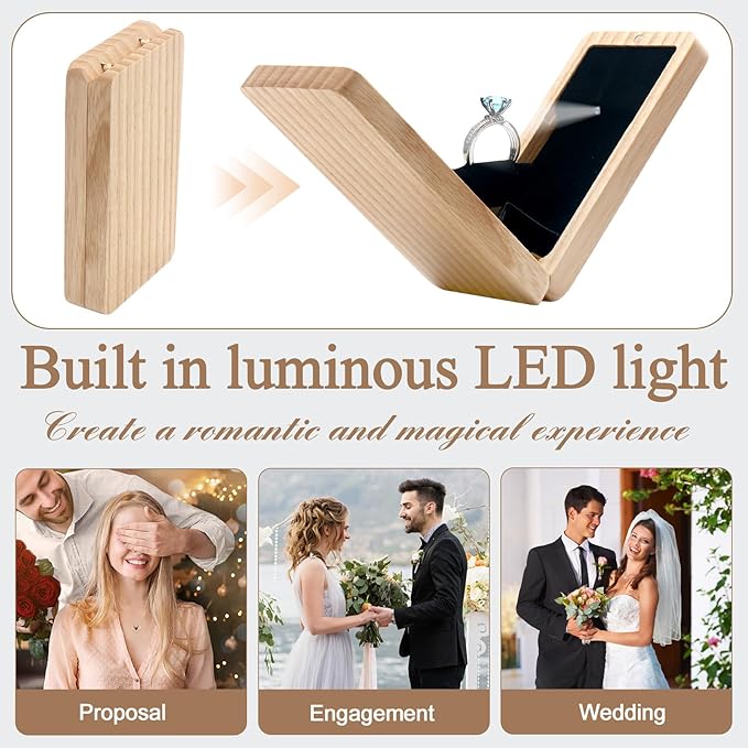 Wooden Engagement Ring Box For Proposal Jewelry Gift Box Wood Rotating Wedding Day Ring Box With Led Light Gift Packaging(Ash Wood)