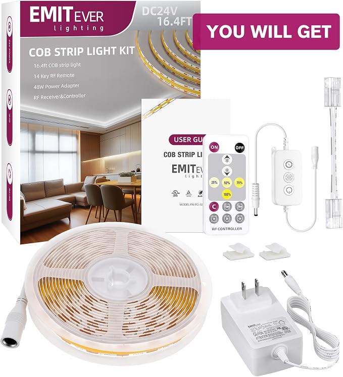 EMITEVER Warm White COB Strip Light Kit 2700K,16.4ft 2400LEDs,24V Dimmable | CRI 90+,305+LM/ft,ETL 48W power supply & remote included,UL listed Strip for living room,kitchen,under cabinet & shelving