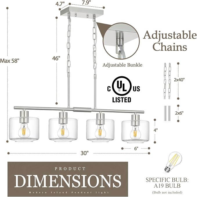 4-Light Brushed Nickel Kitchen Island Lighting, Modern Linear Dining Room Chandelier Light Fixtures with Clear Glass and Chain, Mid Century Hanging Lights for Kitchen Island, OS-YQ8153-4ISBNC