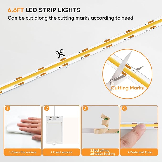 OMIKA COB Motion Sensor Light Strip Indoor, 6.56ft 640LEDs 2700K Warm White 1500mAh Rechargeable Closet Light, Cuttable Self Adhesive LED Lights for Bedroom, Cabinet, Shelves, Pantry, Stairs