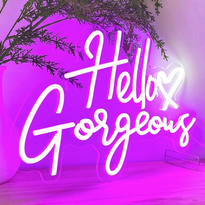 Hello Gorgeous Neon Signs for Wall Decor with Heart, Purple Gorgeous LED Sign Lights for Bedroom Dorm Home Salon Wedding Party, 16"x12" Preppy Cute Room Decor Woman Cave - 100,000H Lifespan