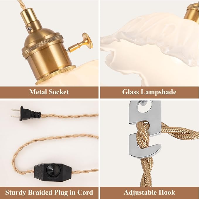 Plug in Pendant Light Fixtures,Hanging Light Fixture Corded On/Off Switch,10.6in E26 White Glass Lampshade Pendant Lighting for Kitchen Island, Bedroom, Dining Room
