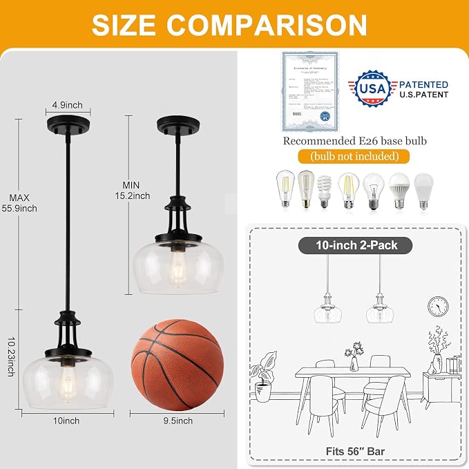 Modern Pendant Lights Kitchen Island, Matte Black Pendant Light Fixtures with 10" Clear Glass Shade, Industrial Hanging Pendant Lights Fixture for Kitchen Island, Dining Room, Bedroom, Foyer, Entryway