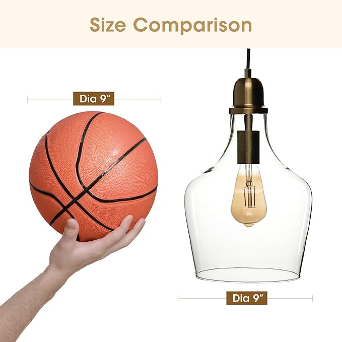 Ink+Ivy Auburn Pendant Kitchen Lighting for Dining Room, Industrial Lights, Hand-Blown Glass Bell Shaped Pendant Light for Kitchen Island, Foyer, Bedroom, 9" Dia x 95.5" H, Gold/Amber