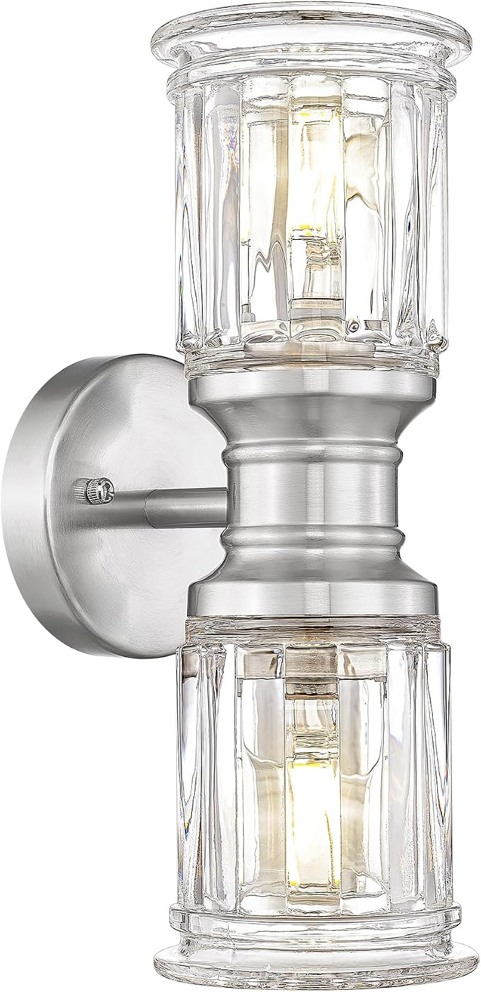 Bathroom Wall Sconces, HWH Brushed Nickel Wall Lighting for Bedroom, 2-Light Bathroom Light Fixtures with Bell-Shaped Clear Glass, Brushed Nickel Finish, 5HZG106B-2W BN