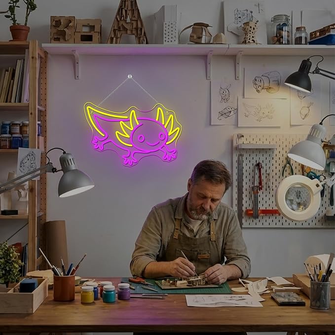 LUCUNSTAR Axolotl Neon Sign Anime Neon Signs for Wall Decor Man Cave Axolotl Decor for Men Neon Light for Wall Anime Kawaii Led Decor USB Powered Led Animal Signs for Home Wall Decor Boys Room