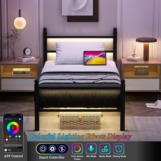 Twin Bed Frames with Charging Station & LED Lights, Metal bed frame twin size with Headboard and Footboard, Heavy Duty Slats Support Platform, No Box Spring Needed, Noise Free, Easy Assembly, Black