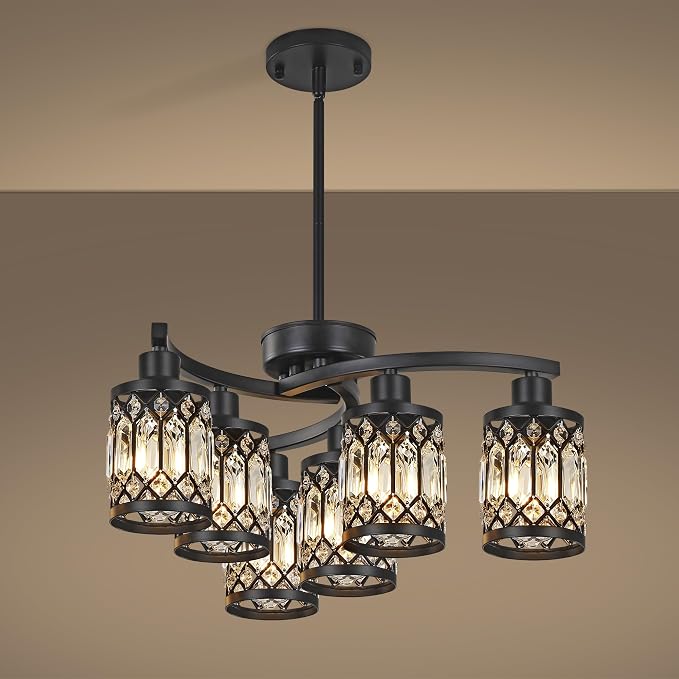 CNRATYE 6-Light Black Crystal Chandelier, Farmhouse Dining Room Chandelier | Elegant K9 Crystals & Durable Metal Frame. Height Adjustable (17.6"-59"). Dimmable. Ideal For Kitchen Islands Foyers Bedrooms