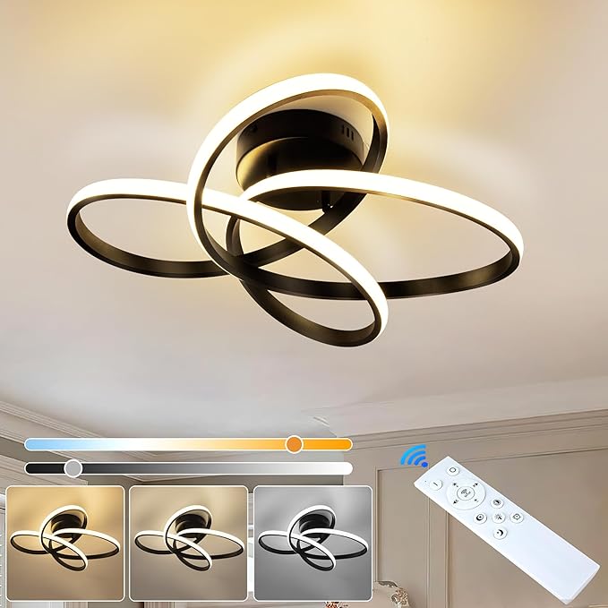 Modern LED Chandelier, 50W LED Ceiling Light with Remote Control, 3000-6000K Color Temperature Changing, Balck Chandelier for Bedroom, Entryway, Hallway, Kitchen