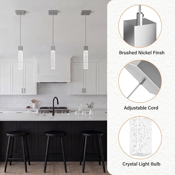 Pendant Lights Kitchen Island, 6500K Modern Kitchen Island Lights Brushed Nickel, 1 Pack Ceiling Lighting Fixtures with Crystal Bubble, Island Lights for Kitchen Dining Room Bedroom Hallway