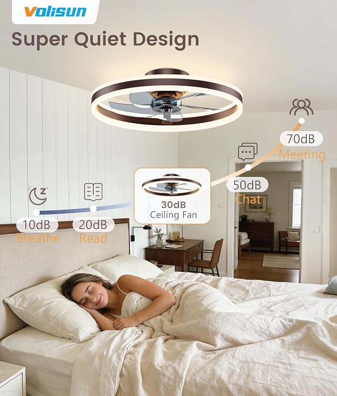 VOLISUN Low Profile Ceiling Fans with Lights and Remote, 20in Flush Mount Ceiling Fans with Light, 3000K-6500K Dimmable Fandelier LED Fan Light, Brown Bladeless Ceiling Fans with Lights for Bedroom