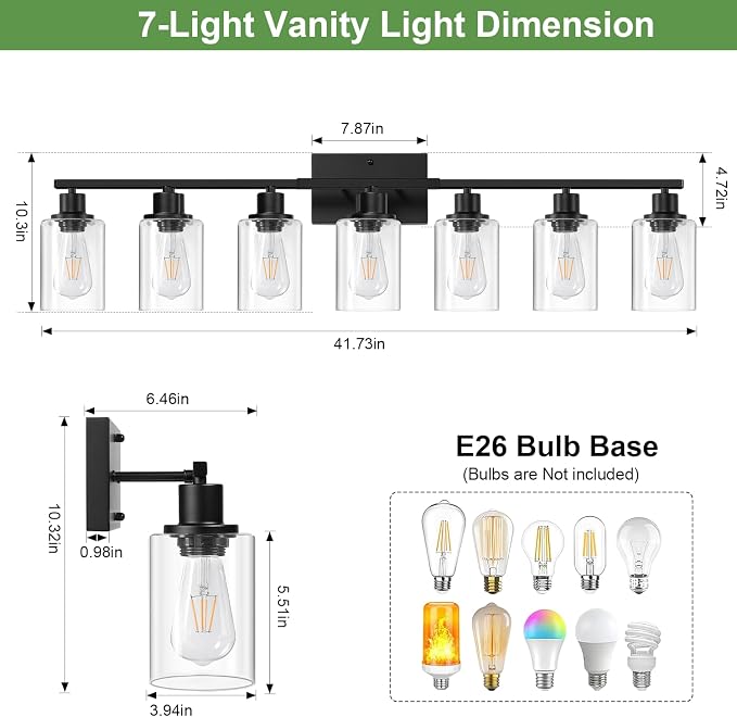 MOKATNG 7-Light Bathroom Light Fixtures, Vanity Light with Clear Glass Shades, Matte Black Bathroom Light Fixtures Over Mirror, Modern Bathroom Wall Lamp for Mirror Living Room Cabinet Bedroom