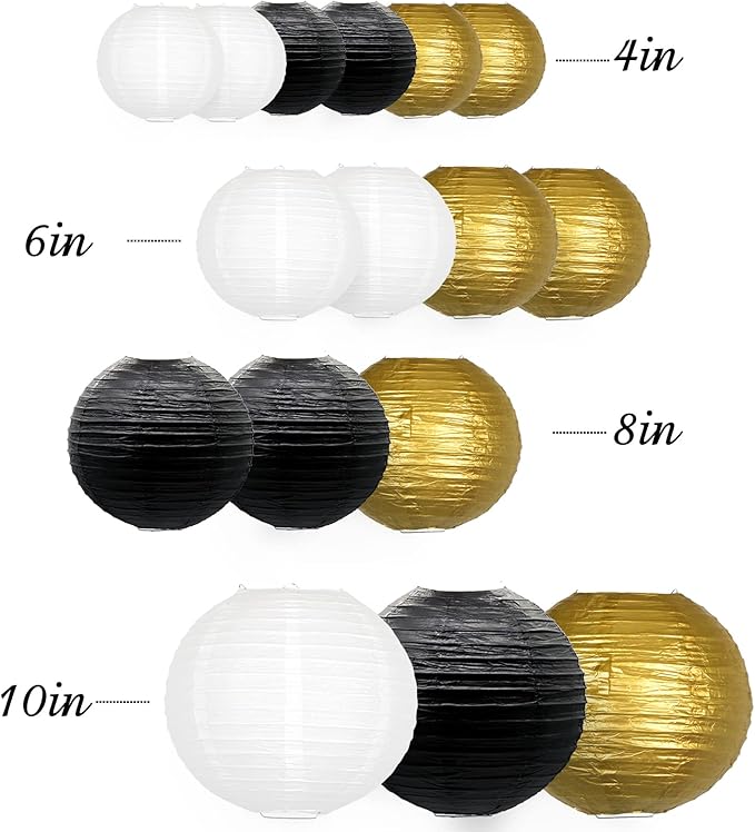 ADLKGG Paper Lanterns Decorative, Black Gold Chinese Paper Lanterns Ceiling Party Decorations with Lights for Graduation Anniversary Engagements New Years Eve Party 2026，16pcs