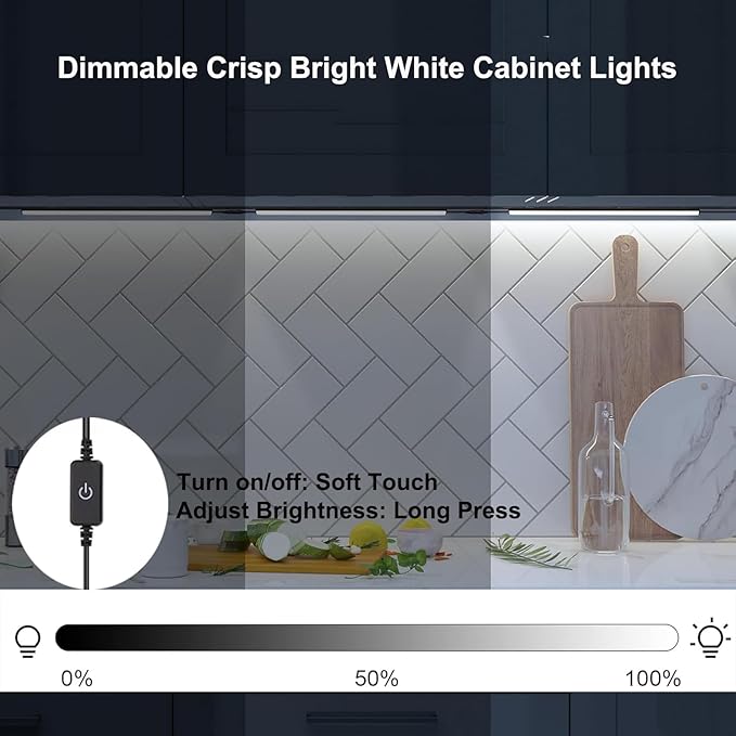 Black Under Cabinet Lighting Kits, 3-Pack 12In Dimmable LED Under Cabinet Lights Bars with 12V Power Adapter, 6000K Cool White Kitchen Under Counter Lights for Kitchen Cabinets, Book Shelves