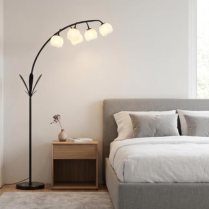 HMVPL Black Floor Lamp for Living Room, Flower Floor Lamp with 5 G9 LED Bulbs, Foot Switch, Arc Standing Lamp with Acrylic Shade,Marble Base, Cute Tall Lamp for Living Room Corner Bedroom Reading Home