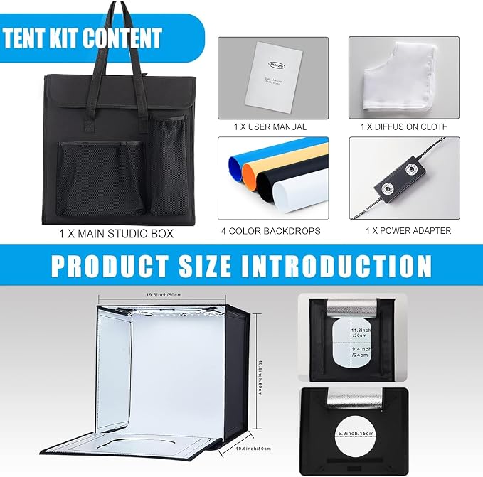 Photo Studio Light Box, 20"x20" Professional Photography Photo Light Box with 160 LEDs Lights & 4 Color Backgrounds for Product Picture Photography