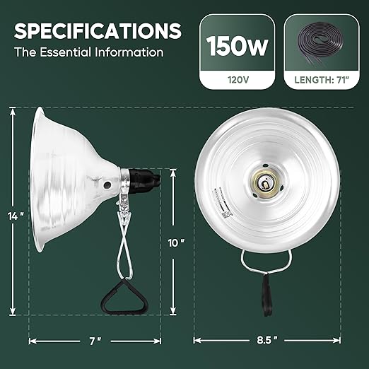 HealSmart 8.5" Clamp Light Socket, 150-Watt Maximum with 6 Feet 18/2 SPT-2 Cord, Aluminum Reflector E26 (no Bulb Included), for Reptiles and Plants Growing, 2-Pack