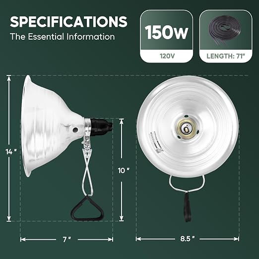HealSmart 8.5" Clamp Light Socket, 150-Watt Maximum with 6 Feet 18/2 SPT-2 Cord, Aluminum Reflector E26 (no Bulb Included), for Reptiles and Plants Growing, 1-Pack