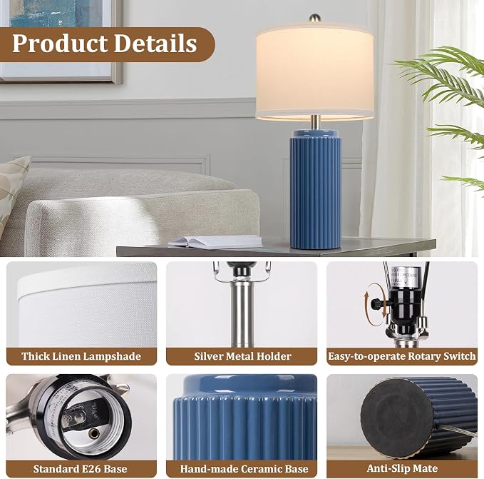 23.5" Blue Ceramic Table Lamps Set of 2, Modern Nightstand Lamps | Bedside Table Lamps with White Linen Shade, Ideal Size, Farmhouse Home Decor for Living Room Bedroom Office End Table Dorm