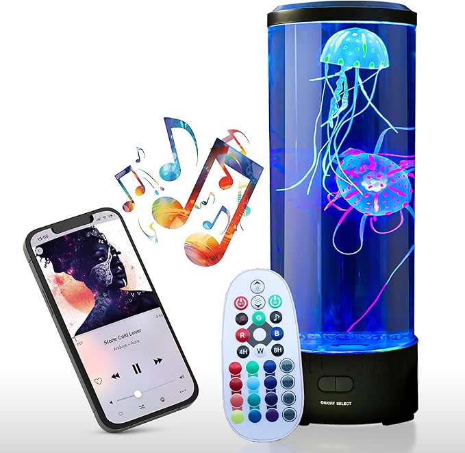 Jellyfish Lamp with 20W Bluetooth Speaker, 16 Color Changing Mood Lamp, 4 Modes Aquarium Night Light for Kids, Gift for Adults, Kids, Sensory Lights for Autistic Children