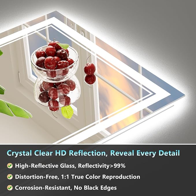 48x32 LED Bathroom Mirror, Backlit & Front Lit Lighted Mirror | Anti-Fog Vanity Mirror with Lights, 3 Color Dimmable, Memory, HD Tempered Glass, CRI95, IP54, UL Listed, Horizontal/Vertical